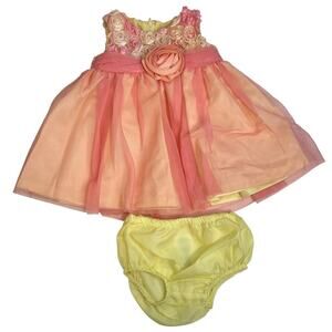 Bonnie Baby 3/6 Mo Dress Chiffon Rosettes Holiday Party Pink Yellow Flowers